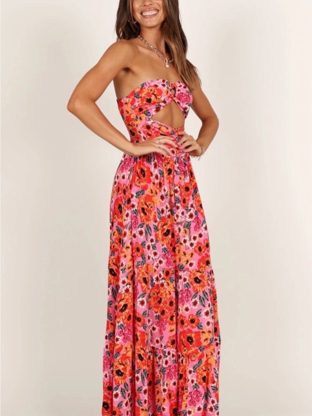 Hello Molly Pink & Orange Floral Cutout Strapless Maxi Sz 6